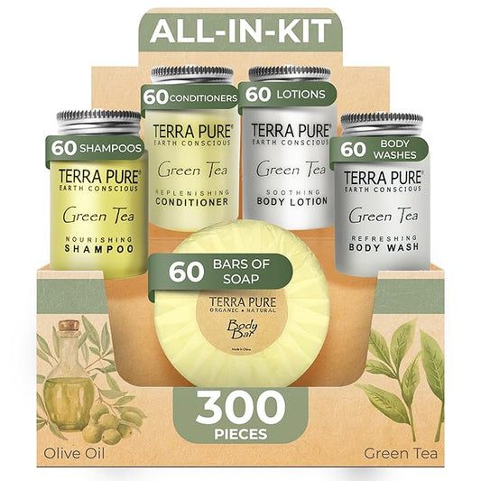 Terra Pure Hotel Soaps & Toiletries Bulk Set | 1-Shoppe Amenities Kit | 1oz Shampoo & Conditioner, Body Wash, Lotion, 1.25oz Bar Soap | Travel Size | 300 Pieces