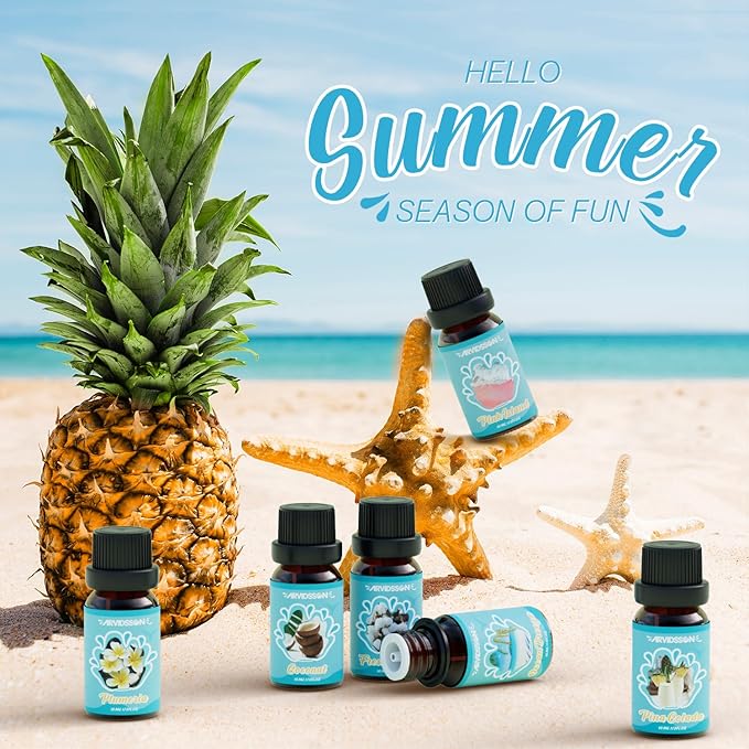 Summer Essential Oils Set, ARVIDSSON Tropical Fragrance Oil for Candle Making, Diffuser Scented Oil - Ocean Breeze, Pina Colada, Fresh Cotton, Pink Island, Plumeria, Coconut