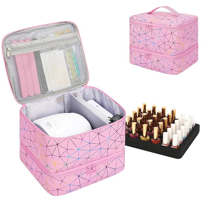Ethereal Nail Polish Organizer Case, Holds 32+ Bottles(15ml/0.5fl.oz) and Nail Lamp, Double Layer Nail Polish Storage Bag for Nail Kit, Manicure Tools, Gifts for Girls