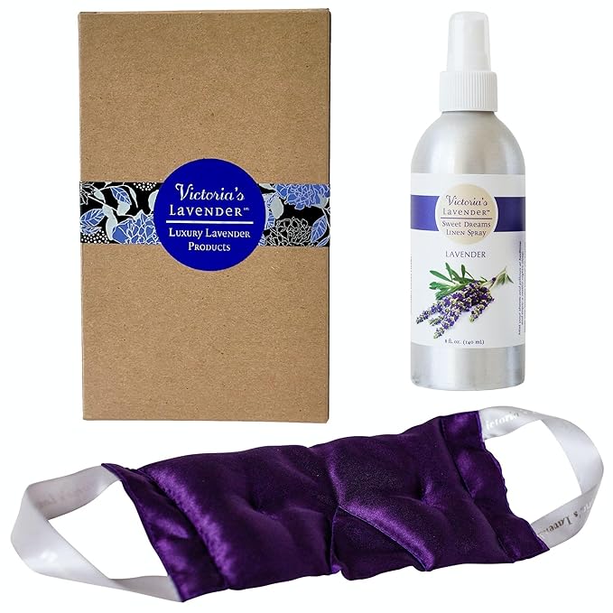 Victoria's Lavender Aromatherapy Eye Mask - Soothing Lavender Eye Mask for Hot & Cold Relief, Weighted Design, Silk Mask, Made in The USA with Lavender Pillow & Linen Spray (8 oz) - (Set of 2)
