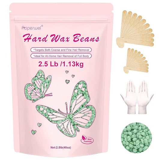 Hard Wax Beads for Hair Removal - 2.5lb/40oz Sensitive Skin Waxing Kit with 20 Sticks for Brazilian, Bikini, Underarms, Face & Body - Large Bulk Tea Tree Wax Beads