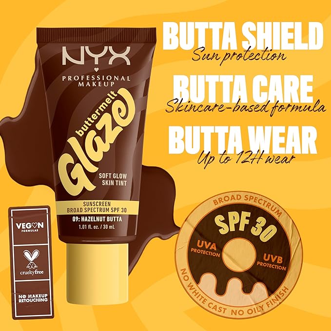 NYX PROFESSIONAL MAKEUP Buttermelt Glaze Soft Glow Skin Tint + SPF 30, Up To 12HR Wear, 09 Hazelnut Butta
