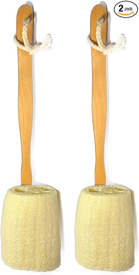 2 Pack Natural Exfoliating Loofah luffa loofa Bath Brush On a Stick - with Long Wooden Handle Back Brush for Men & Women - Shower Sponge Body Back Scrubber