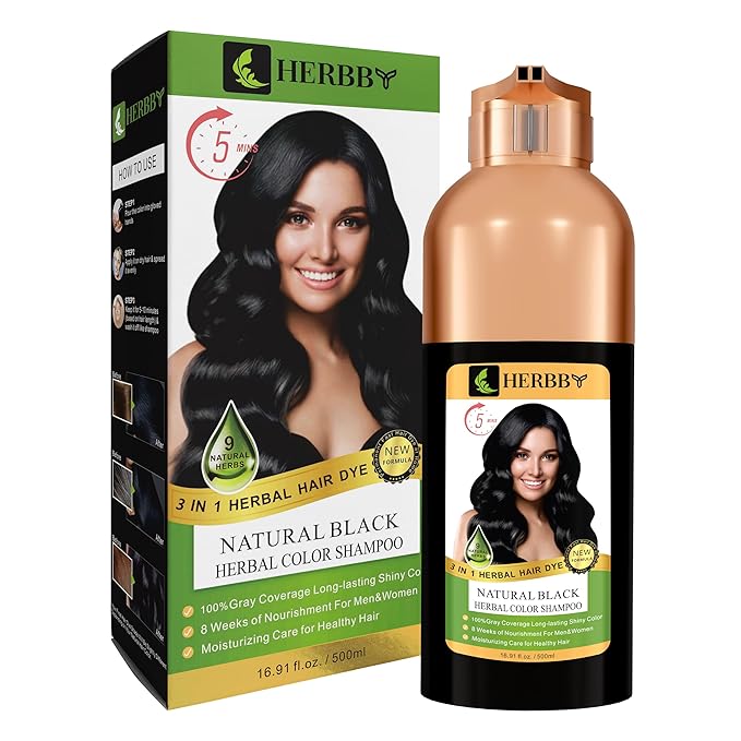 HERBBY Hair Color Shampoo for Gray Hair Coverage&Color Transform with 9 Herbal Extracts –Long Lasting(6-8 Weeks),Shiny,Evenly Colored,Instant Hair Dye Shampoo&Conditioner,500 Ml (NATURAL BLACK COLOR)
