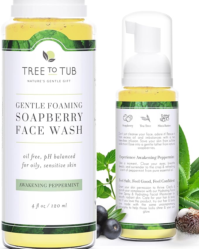 Tree to Tub Sensitive Skin Face Wash for Oily or Combination Skin - Gentle Tea Tree Face Cleanser for Women & Men, Oil Free Daily Foaming Facial Cleanser w/Organic Aloe Vera, All Natural Peppermint