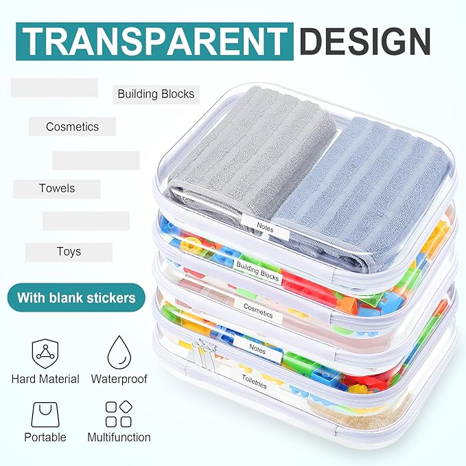 Sanwuta 10 Pcs Hard Zipper Case Clear Hard Pouches Plastic Zipper Pencil Box Toy Storage Bins Portable Plastic Container for Travel Toiletry Office Cosmetic Block Puzzle Organizer(M,Clear)