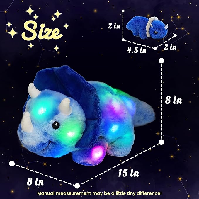 Hopearl LED Plush Dinosaur Lighting Up Stuffed Mommy Triceratops with 3 Babies in her Tummy Floppy Stuffed Animal Playset Night Lights Glow in The Dark Gifts for Kids Toddler Boys, Blue, 15''