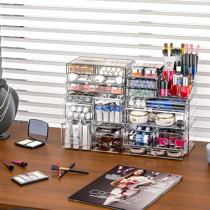 SUOXING Clear Acrylic Makeup Organizer for Vanity,Bathroom,Dresser,5 Drawer Make up Organizers for Counter,Plastic Countertop Makeup Storage for Beauty,Hair Accessory,Brush,Cosmetic,Skincare Organizer