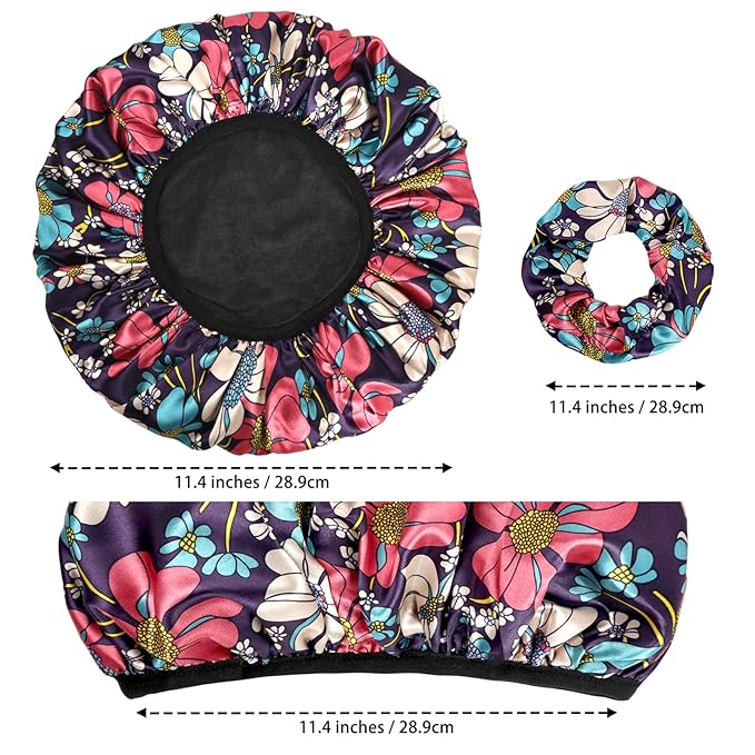 Shower Caps for Women, 2 PCS 3 Layers Terry Lined Shower Cap + 2 Satin Scrunchies, Waterproof Terry Cloth Bath Caps Elastic and Reusable Hair Cap for Shower - (Black+Flower B)