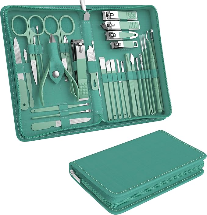 Manicure Set Personal Care, Nail Clipper Kit, Professional Nail Clipper Pedicure Set, Nail Tools with Luxurious Travel Case, Gifts for Men Women Family Friend, 31 Pieces (Green)