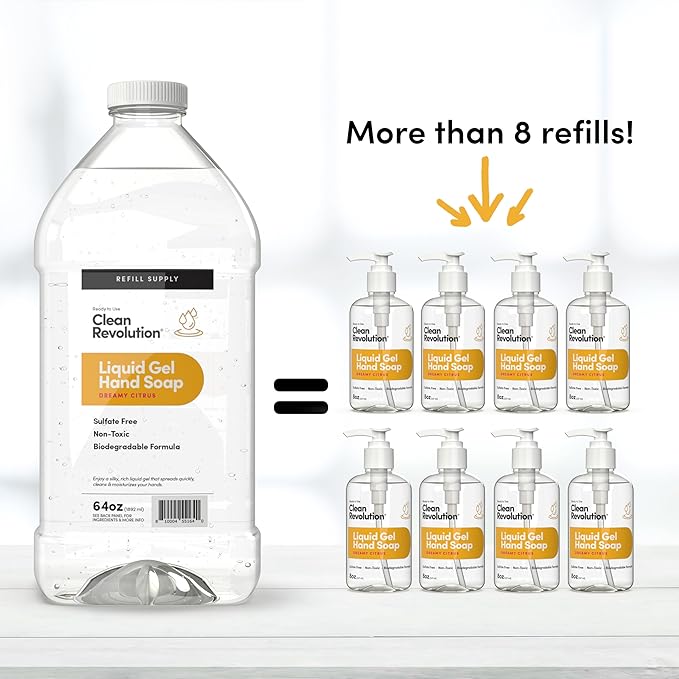 Clean Revolution Liquid Gel Hand Soap, Silky Rich Liquid, Quick Lather, Fast Rinsing, Contains Real Essential Oils (Dreamy Citrus) 64 Fl Oz