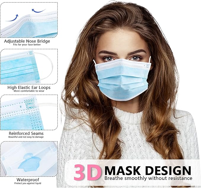 akgk Disposable Face Masks 100Pcs, Blue Face Mask, 3 Ply Disposable Mask with Elastic Earloops