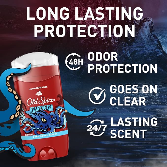 Old Spice Aluminum Free Deodorant for Men, 24/7 Odor Protection, 24/7 Freshness & Lasting Scent, Goes on Clear, Krakengard with Deep Ocean Scent, 3.0 oz (Pack of 3)