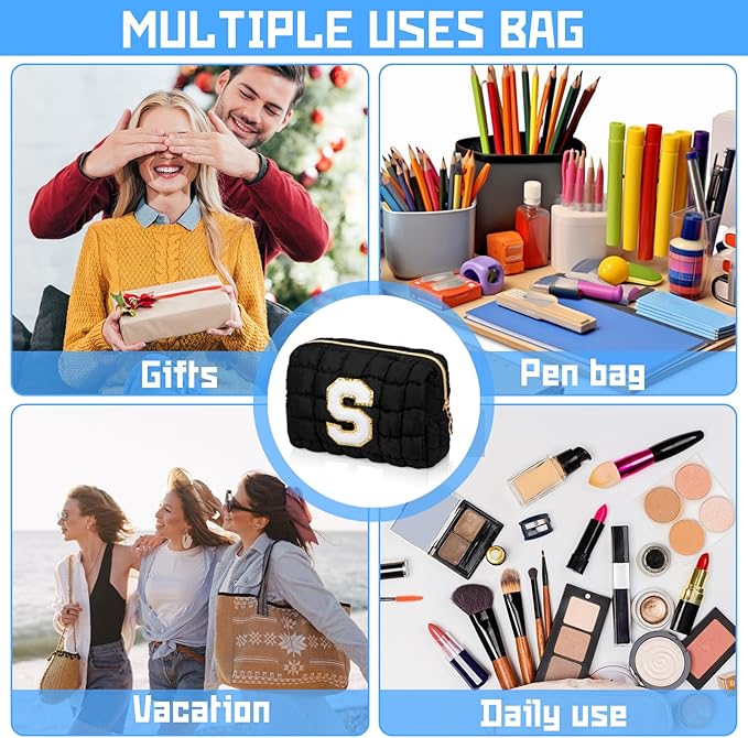 Initial Checkered Makeup Bag, Large Quilted Cosmetic Bag, Cute Make up Pouch for Purse, Travel Toiletry Storage Bag for Women Preppy Teen Girls Gift Trendy Stuff Gift (Black A)