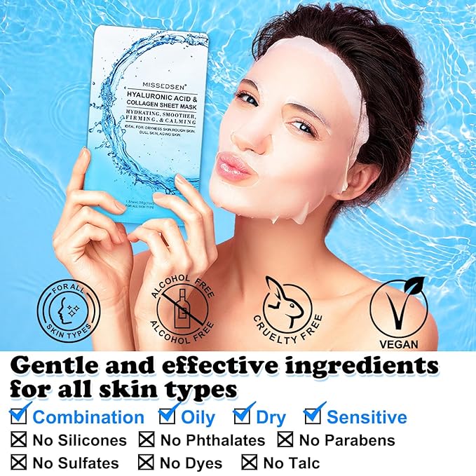 Collagen Face Mask with Hyaluronic Acid, Vitamin E Oil for Skin Care Hydrating, Moisturizing, Brightening & Anti Aging Face Masks Skincare for Oil, Dry, Acne, Sensitive All Skin Types 25PCS