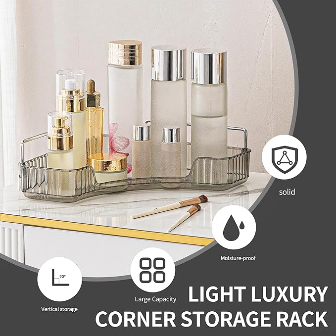 YCIA&DONE Corner Bathroom Counter Organizer, Makeup Organizer for Vanity, Skincare Cosmetic Perfume Tray, Corner Countertop Shelf Rack Storage for Bathroom Kitchen 1 Tier (Smoky Gray)