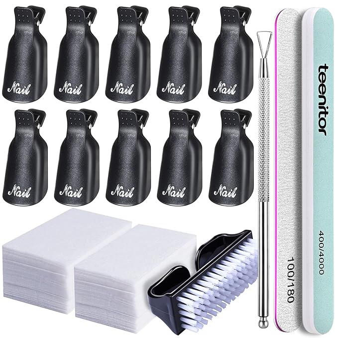 Teenitor Nail Gel Remover Tools Kit with Nail Remover Clips, Nail Remover Pads, Nail Brushes, Nail File Buffer, Cuticle Peeler Black