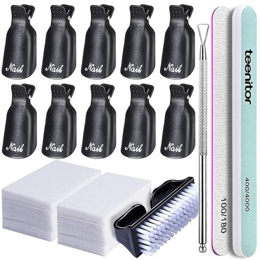 Teenitor Nail Gel Remover Tools Kit with Nail Remover Clips, Nail Remover Pads, Nail Brushes, Nail File Buffer, Cuticle Peeler Black