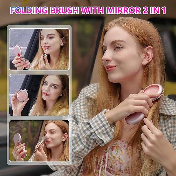 LCD Screen Cordless Hair Straightener Curler 2 in 1, Portable Mini Hair Straightening Brush for Travel Negative Ionic Fast Heating Hot Comb for Women, Folding Brush with Mirror, Black