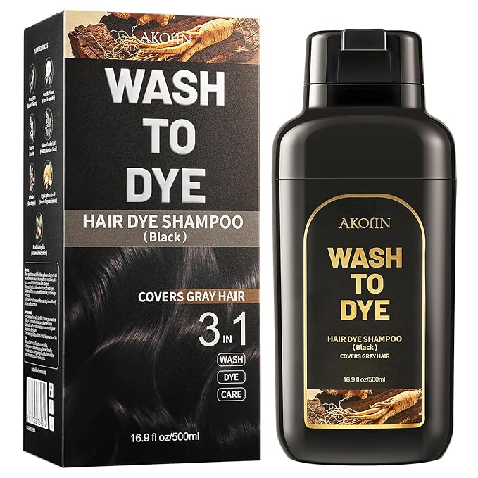 Black Hair Dye Shampoo, 3-in-1 Hair Color, Permanent, Unisex, 100% Gray Coverage, Seamless Root Blend, Last More than 30 Days, 7 Plant Extracts, Frizz-Free, with Dye Tools, 500ml