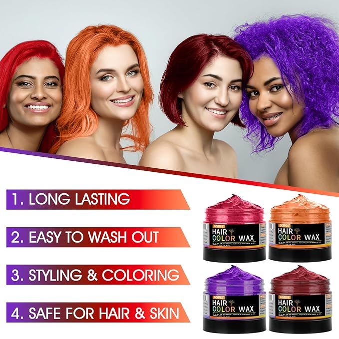 4 Colors Temporary Hair Color Wax for Christmas Party, Stocking Stuffers-DIY Washable Natural Instant Hair Color for Women Temporary Hair Dye for Kids Teens Women Men (Red&Orange&Claret&Purple 5 pcs)