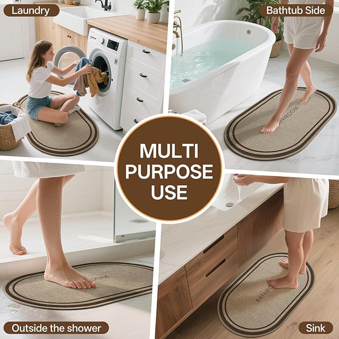 Non-Slip Bath Mat with Upgraded Rubber-Backing, Washable Thin Bath Mats for Bathroom Floor, Absorbent Woven Bathroom Rugs, Quick Dry, Fits Under Door, 24x36, Border Brown