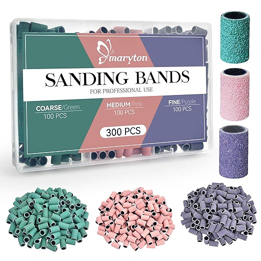 Maryton 300 Pcs Sanding Bands for Nail Drill, Coarse/Medium/Fine Nail Sanding Band Bulk for Professional Salons Manicures and Pedicures