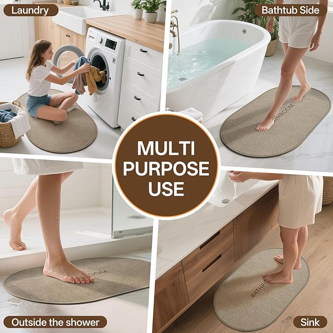 Non-Slip Bath Mat with Upgraded Rubber-Backing, Washable Thin Bath Mats for Bathroom Floor, Absorbent Woven Bathroom Rugs, Quick Dry, Fits Under Door, 16x24, Brown