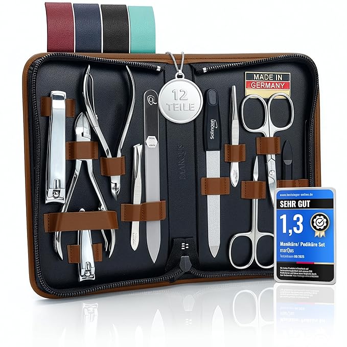 Manicure Set Women and Men – 12-Piece Professional Grooming Kit with Premium Tools, Genuine Leather Case, and exclusive Glass Nail File for Hand & Foot Care, German Quality