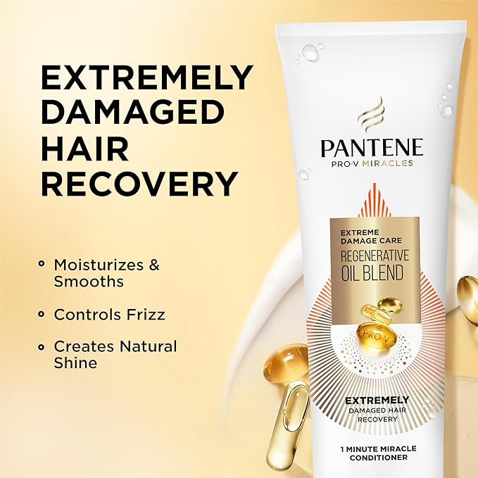 Pantene Pro-V Miracles Conditioner, Extreme Damage Care Regenerative Oil Blend 1 Minute Miracle, Moisturizes, Smooths, Argan & Jojoba Oils, 0% Sulfated Conditioners, Dyes, or Parabens, 10.9 Fl Oz
