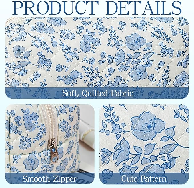 Quilted Makeup Pouch,Cotton Puffy Makeup Bag, Coquette Cosmetic Bag for Women and Girls, Aesthetic Organizer Bag, Cute Flower Travel Toiletry Bag