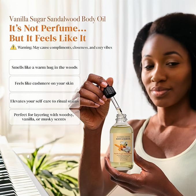 Vanilla Sugar Sandalwood Body & Hair Oil – Inspired Warm Gourmand Scent – Hydrating & Nourishing Oil for Skin, Hair & Cuticles – Lightweight, Fast-Absorbing, 4 fl oz