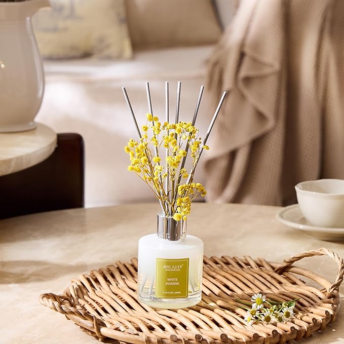 Airkeep Reed Diffuser Set,6.76 fl oz (200 ml) - White Jasmine Oil Diffusers with 8 Reed Sticks, Home Fragrance Reed Diffuser for Bathroom Shelf Decor