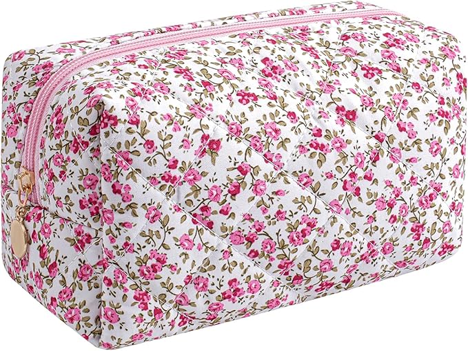 Makeup Bag Travel Cosmetic Bag for Women Girls, Zipper Make Up Pouch, Floral Flowers Toiletry Organizer Makeup, Portable Storage Cosmetic Travel Cloth Bag (Red-Floral)