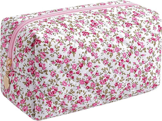Makeup Bag Travel Cosmetic Bag for Women Girls, Zipper Make Up Pouch, Floral Flowers Toiletry Organizer Makeup, Portable Storage Cosmetic Travel Cloth Bag (Red-Floral)