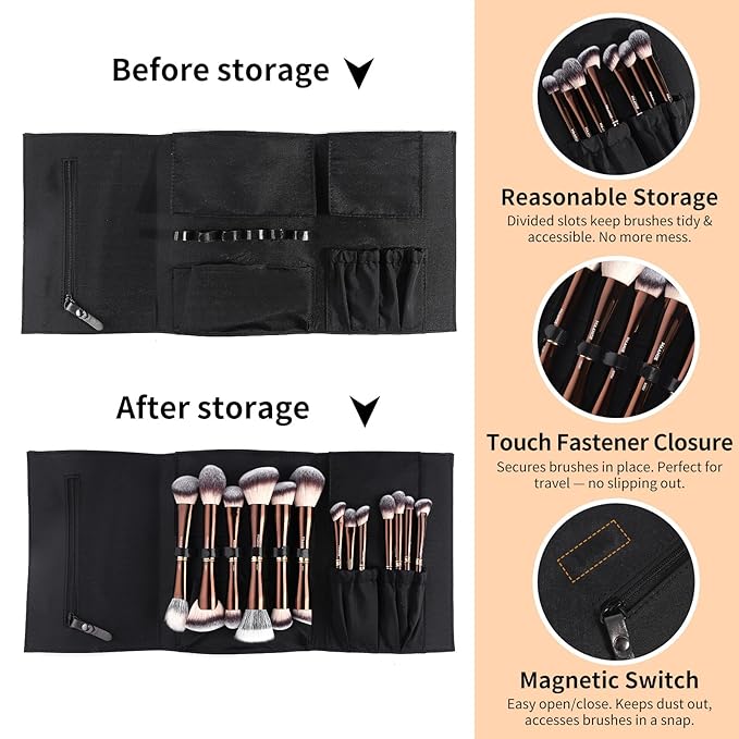 MAANGE Makeup Brush Set with Case Double-ended Makeup Brushes for Foundation Contour Liquid Powder Concealer Eye Shadows Cream Cosmetics Blending Blush Makeup Tools (Coffee Brown, 13 PCS)