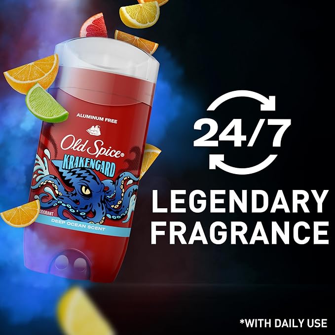 Old Spice Aluminum Free Deodorant for Men, 24/7 Odor Protection, 24/7 Freshness & Lasting Scent, Goes on Clear, Krakengard with Deep Ocean Scent, 3.0 oz (Pack of 3)