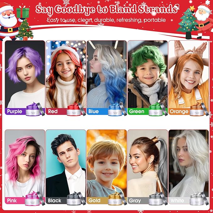 6 Color Temporary Hair Color Wax, Stocking Stuffers for Kids, Blue Green Purple Pink Orange Gray Hair Dye Natural Instant Hair Wax Color, DIY Temporary Hair Color for Kids Women Men Daily Christmas