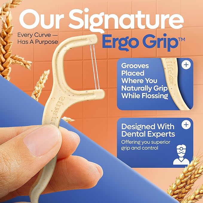 SmartLifeco Eco-Friendly Dual-Thread Dental Floss Picks (200ct) - Flossers Made with Straw Wheat Blend, Superior Anti-Shred for Tight Gaps, Tooth Pick Stick for Adults, Soft on Gum & Teeth, Unflavored
