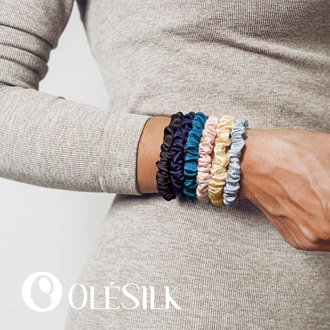 OLESILK Silk Hair Ties for Women: 100% Mulberry Skinny Silk Scrunchies, Soft Smooth No Damage No Crease for Thin Fine Curly Hair 3 Pack, Multi-2