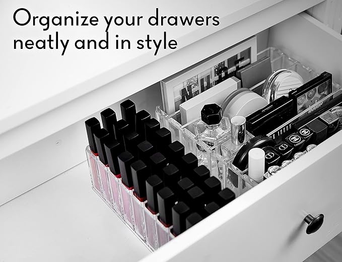 FAJ Eyeshadow Palette Lipgloss Organizers, Acrylic Makeup Holder for Vanity, Drawer Storage, Cosmetics Pallets Countertop Clear Storage (27 spaces)