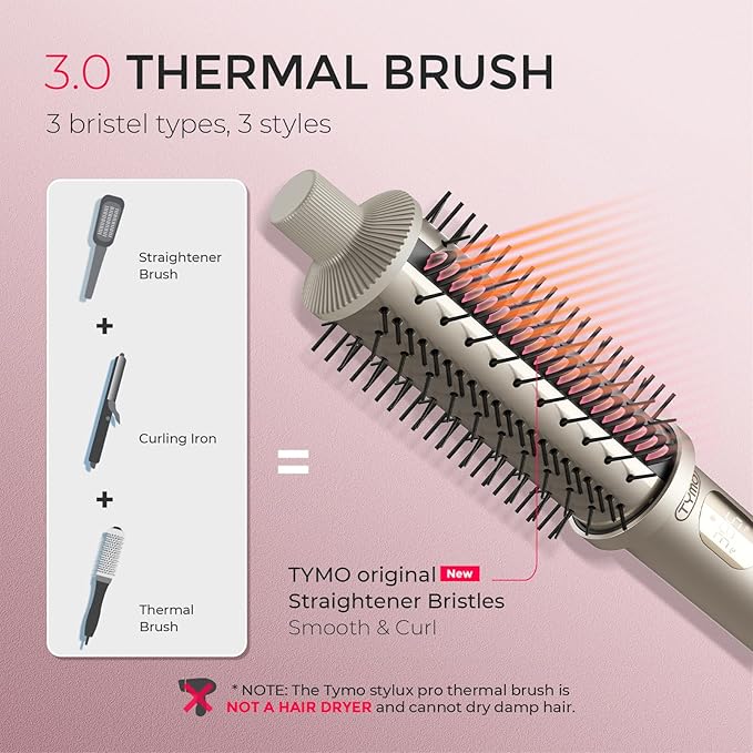 TYMO STYLUX PRO Thermal Brush Curling Brush, 1.5 Inch Blowout Heated Round Volumizer, Hair Straightener and Curler 2 in 1, 800M Negative Ion for Smoother, LCD Display, 5 Temp, Dual Voltage, Gold