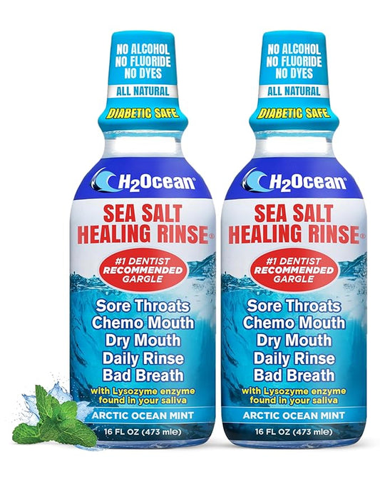 2 Pack H2Ocean Healing Rinse Mouthwash- Great Tasting Sea Salt & Xylitol Mouth Wash for Fresh Breath & Dry Mouth - Alcohol & Fluoride Free - Arctic Ocean Mint 16oz