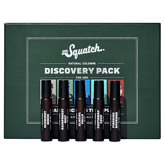 Dr. Squatch Natural Cologne for Men - Mini Cologne Trial Set - Midnight Birch, Rainforest Mist, Glacial Falls, Castaway Cove, Fireside Bourbon (0.17 fl oz, 5-Pack)