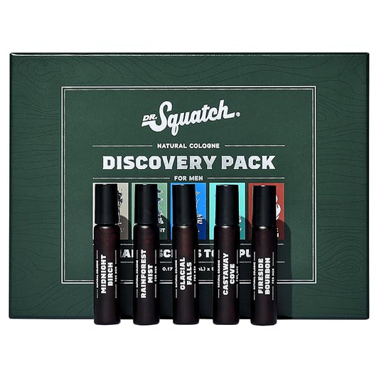 Dr. Squatch Natural Cologne for Men - Mini Cologne Trial Set - Midnight Birch, Rainforest Mist, Glacial Falls, Castaway Cove, Fireside Bourbon (0.17 fl oz, 5-Pack)