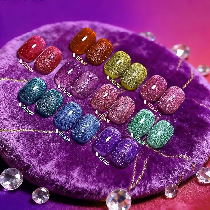 Reflective Nail Polish 12 Colors With Base Coat and Top Coat Glitter Red Bule Purple Green Nail Polish Set Quick Dry Sparkle Winter Manicure Long Lasting for Holiday Gift Giving