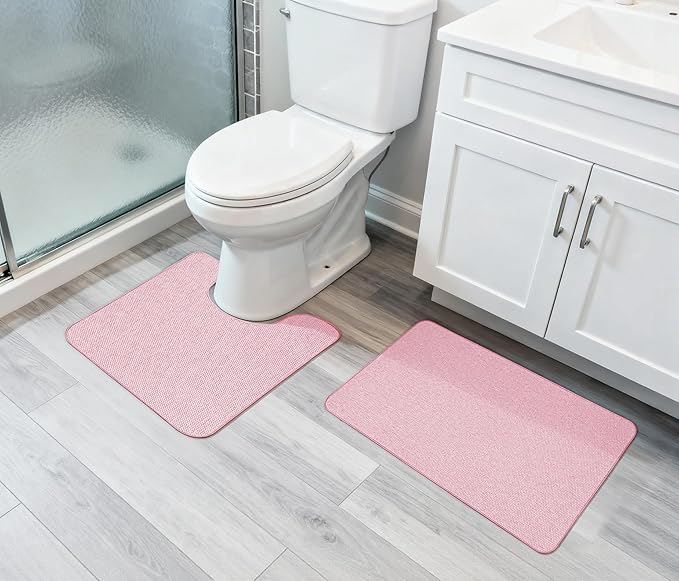 Bathroom Rugs Set 2 Pieces,Thin Bathroom Mats,Toilet Rugs,Quick Dry,Non-Slip,Machine Washable,Low Pile,Absorbent Bath Mats,Shower,Sink,Home Decor Accessories.Pink,1'5"x2'3"+1'8"x2" U Shape