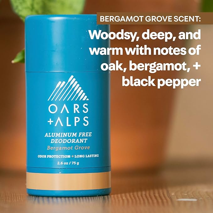 Oars + Alps Deodorant for Men & Women, Aluminum Free Deodorant for Men, Dermatologist Tested, Clean Ingredients, Non Toxic, Vegan, Long Lasting, Odor Protection, Bergamot Grove, 1pk, 2.6oz
