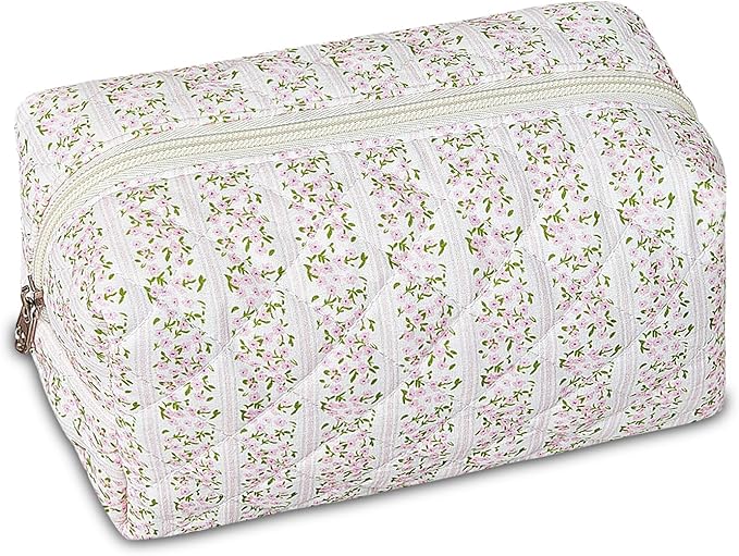 Quilted Makeup Pouch,Cotton Puffy Makeup Bag, Coquette Cosmetic Bag for Women and Girls, Aesthetic Organizer Bag, Cute Flower Travel Toiletry Bag