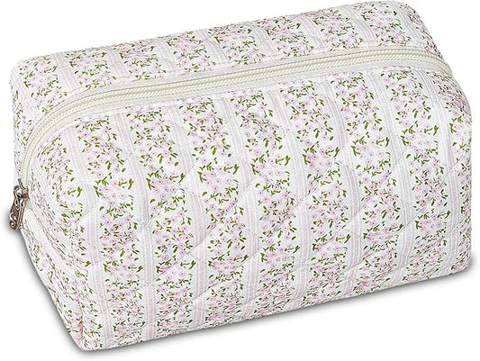 Quilted Makeup Pouch,Cotton Puffy Makeup Bag, Coquette Cosmetic Bag for Women and Girls, Aesthetic Organizer Bag, Cute Flower Travel Toiletry Bag